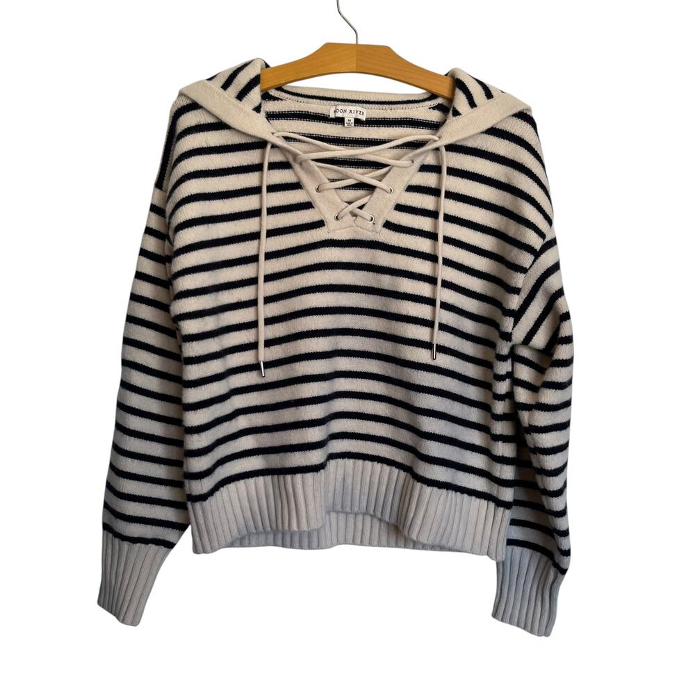 Moon River Malachi Sweater Nautical Stripe Ivory Navy Blue Sailor Flap Collar M